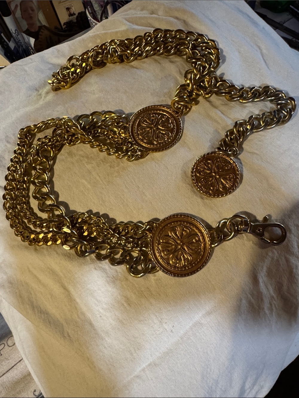 Vintage 80s Gold Curb Chain Medallion Belt - Made in Spain - Triple Strand 42”